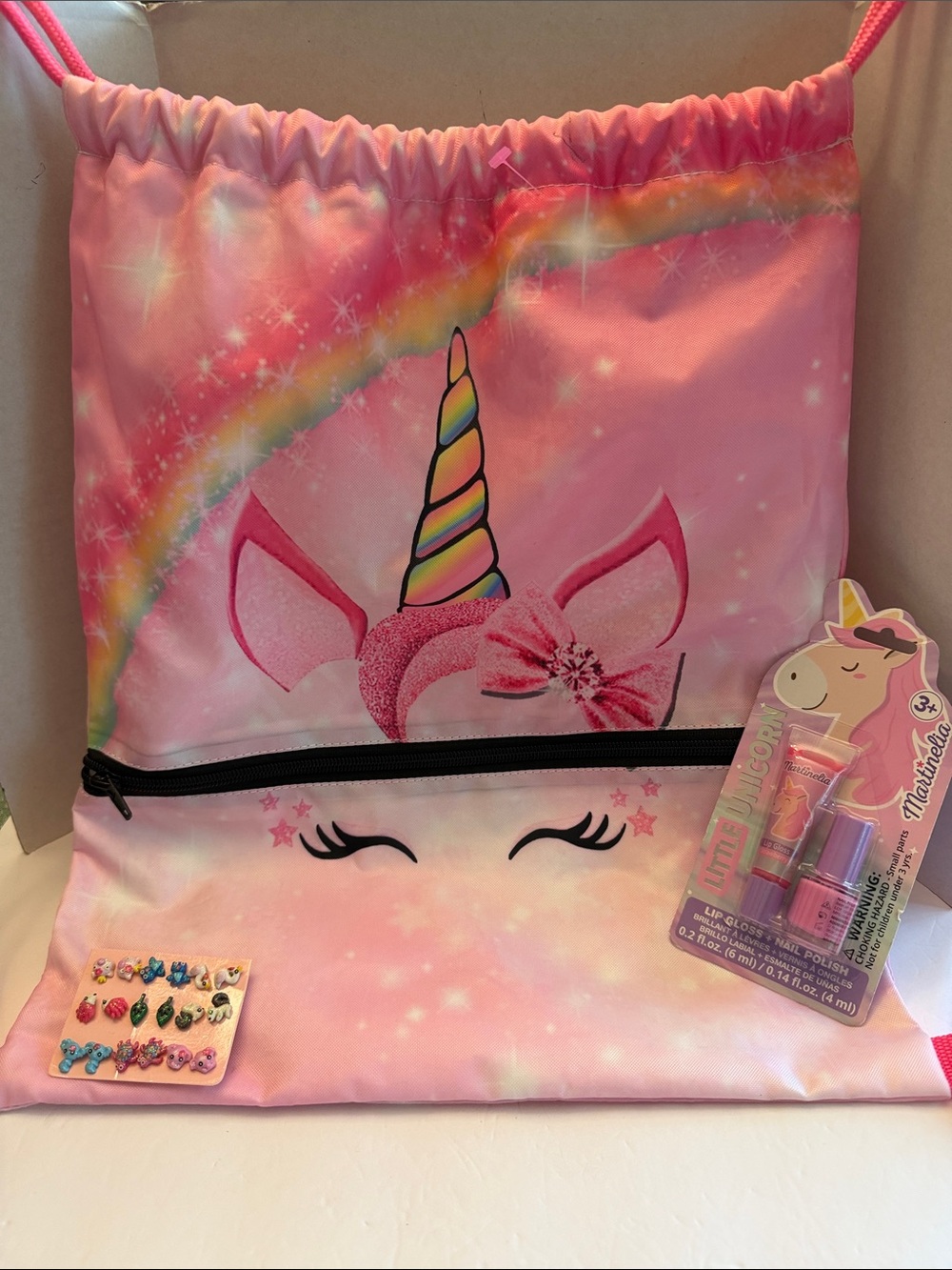 Pink Unicorn Drawstring Bag with Rainbow Graphic Bundle